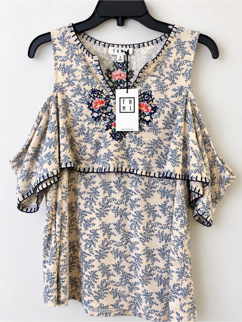 THML Beige Floral Cold-Shoulder Top with Navy and Pink Embroidery